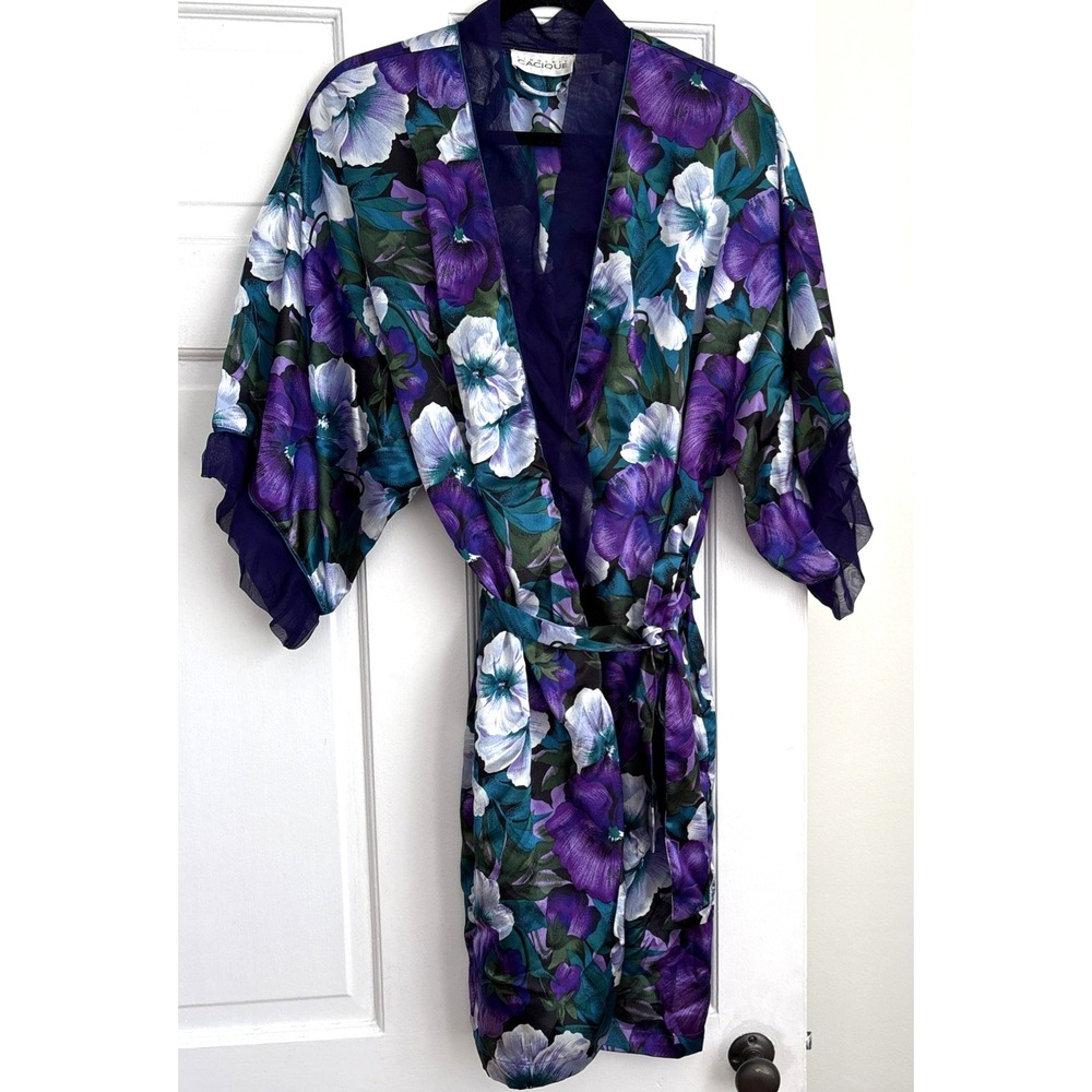 Cacique Vintage Floral Satin Robe Purple Teal Pansy Print Sheer Trim Kimono L